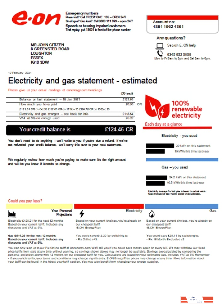 United Kingdom E.ON utility bill template in Word and PDF format, version 3 (2)